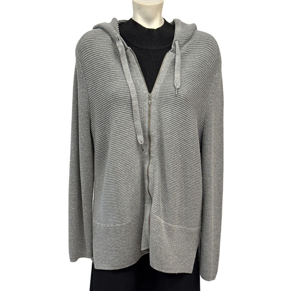 J.Jill Womens Gray Ribbed Knit Hooded Sweater Jacket Size L Zip Up Long Sleeve